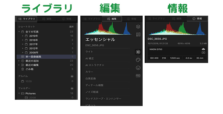 Luminar 4の画面構成