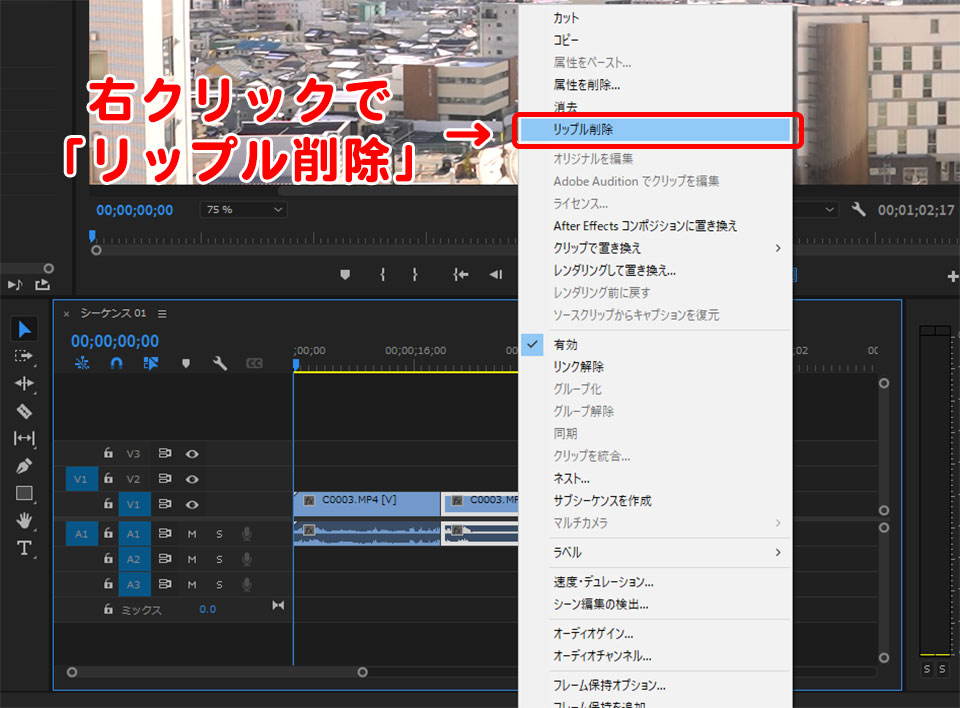 Premiere Proでカットを詰める方法２つ【リップル削除】