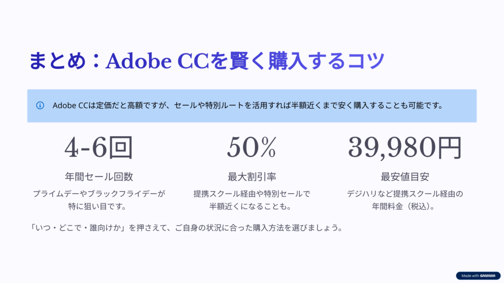 まとめ|Adobe CCを安く使いたいなら「いつ・どこで・誰向けか」を押さえるのがコツ