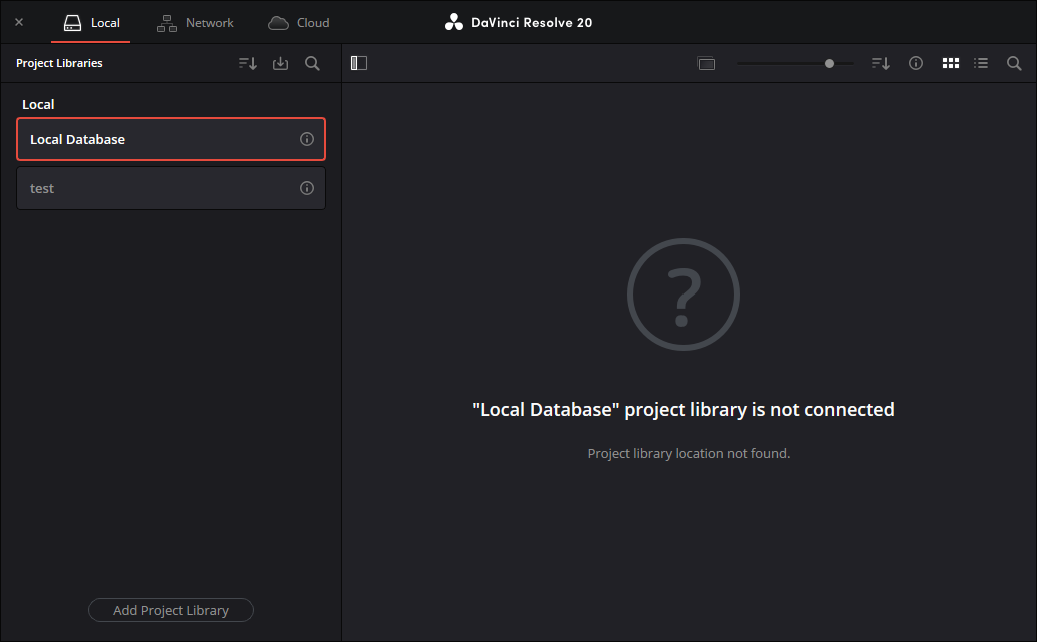 DaVinci Resolve 起動画面（Local Database）