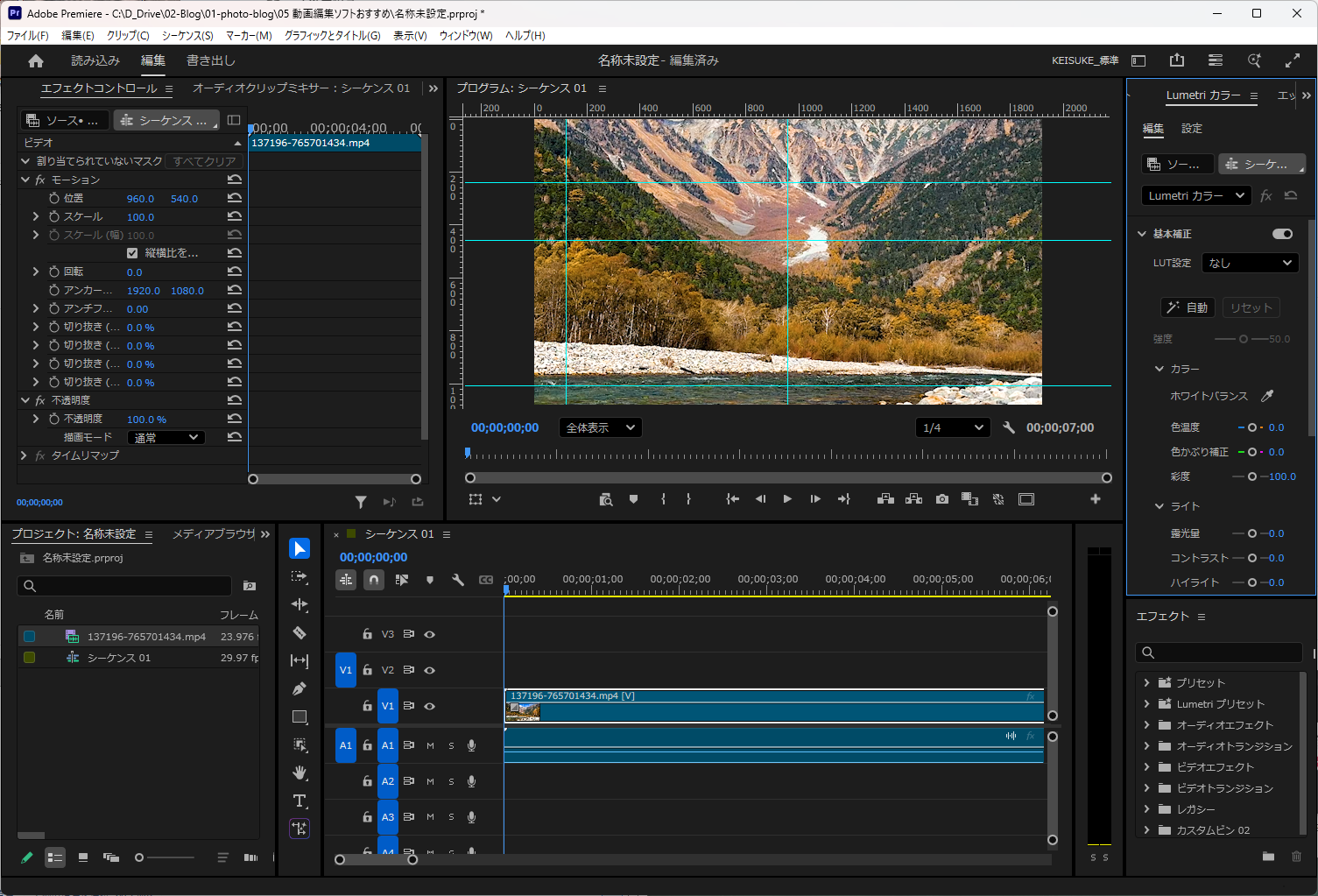 Premiere Pro 編集画面（Lumetriカラー・タイムライン）