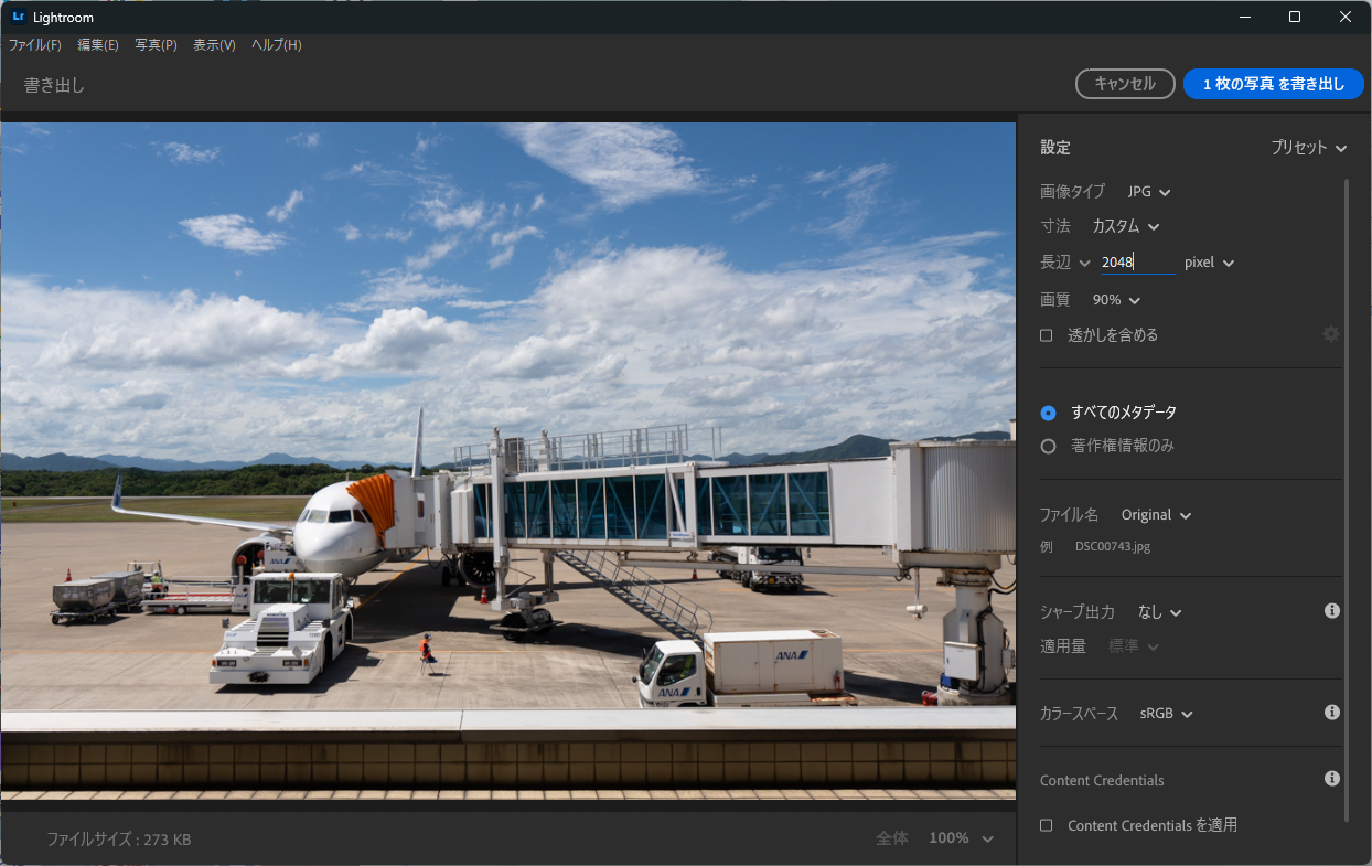 Lightroomのカスタム書き出し。JPG・長辺2048px・画質90・sRGB