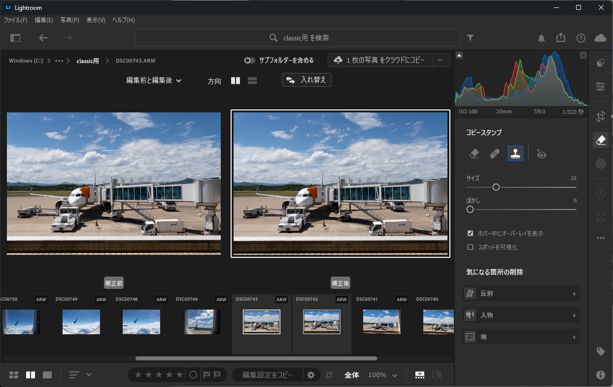 Lightroomで編集前と編集後を並べて表示した状態